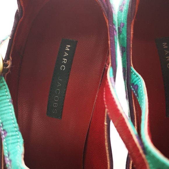 MARC JACOBS Canvas Floral Print Pumps Teal Red Adjustable Almond Toe SZ 9 Retro - Picture 3 of 10